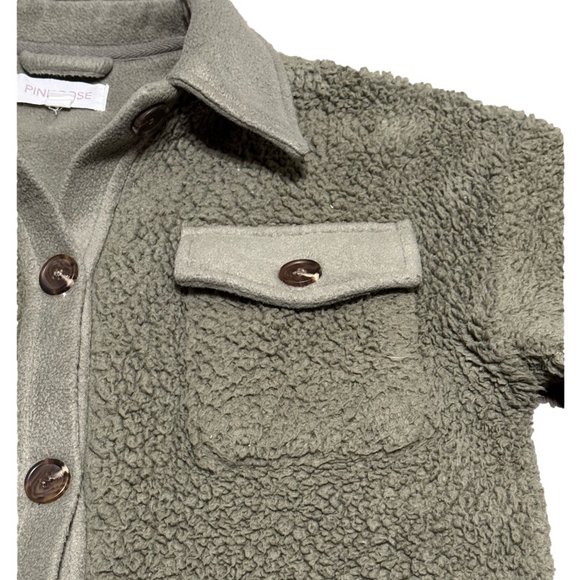 Pink Rose Army Green Faux Fur Sherpa Button Jacket Women Size XS - Picture 9 of 16